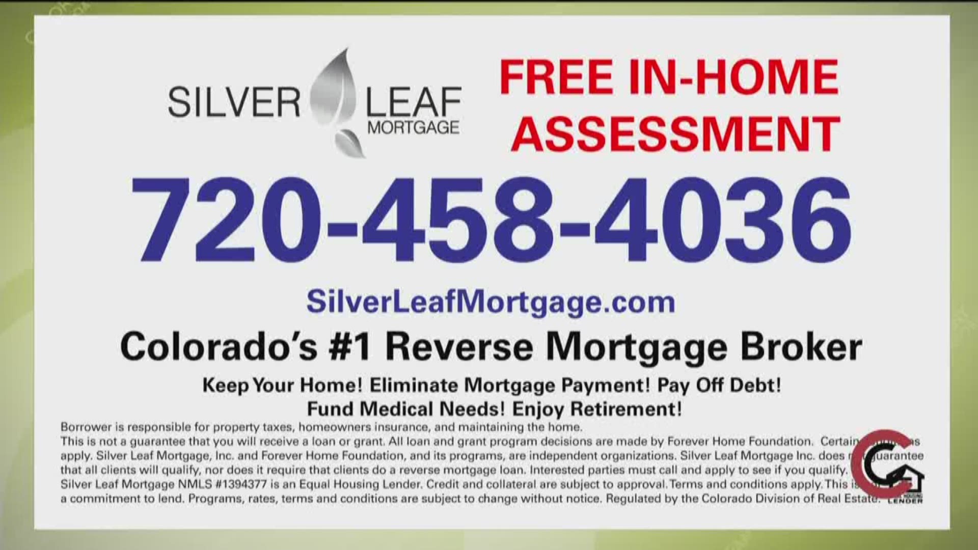 Call Silver Leaf to see if a reverse mortgage is right for you. 720.458.4036--or visit SilverLeafMortgage.com to get started today.