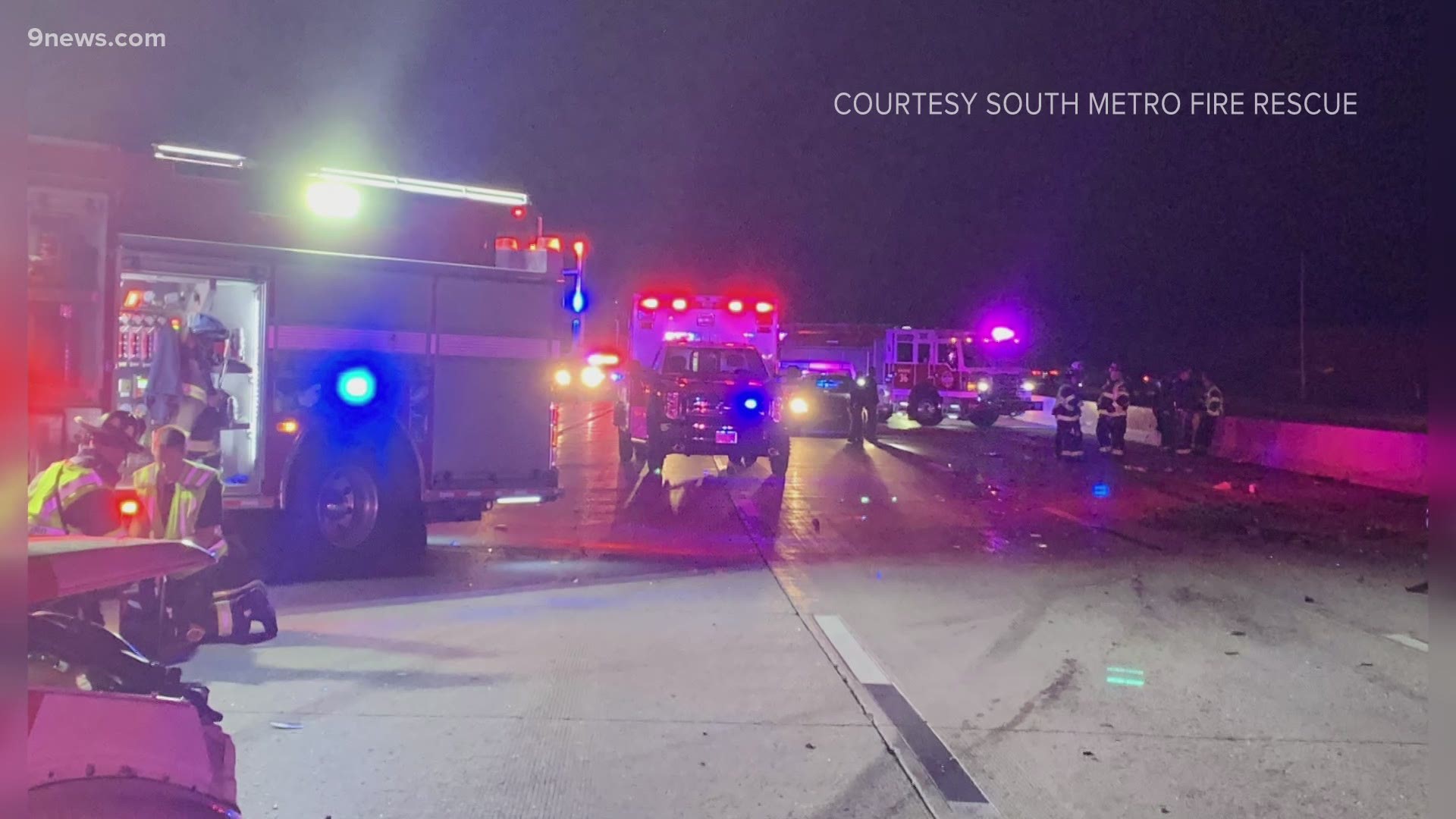 A woman was killed and nine others were taken to the hospital after a crash on I-25 near Happy Canyon Road on Monday morning.