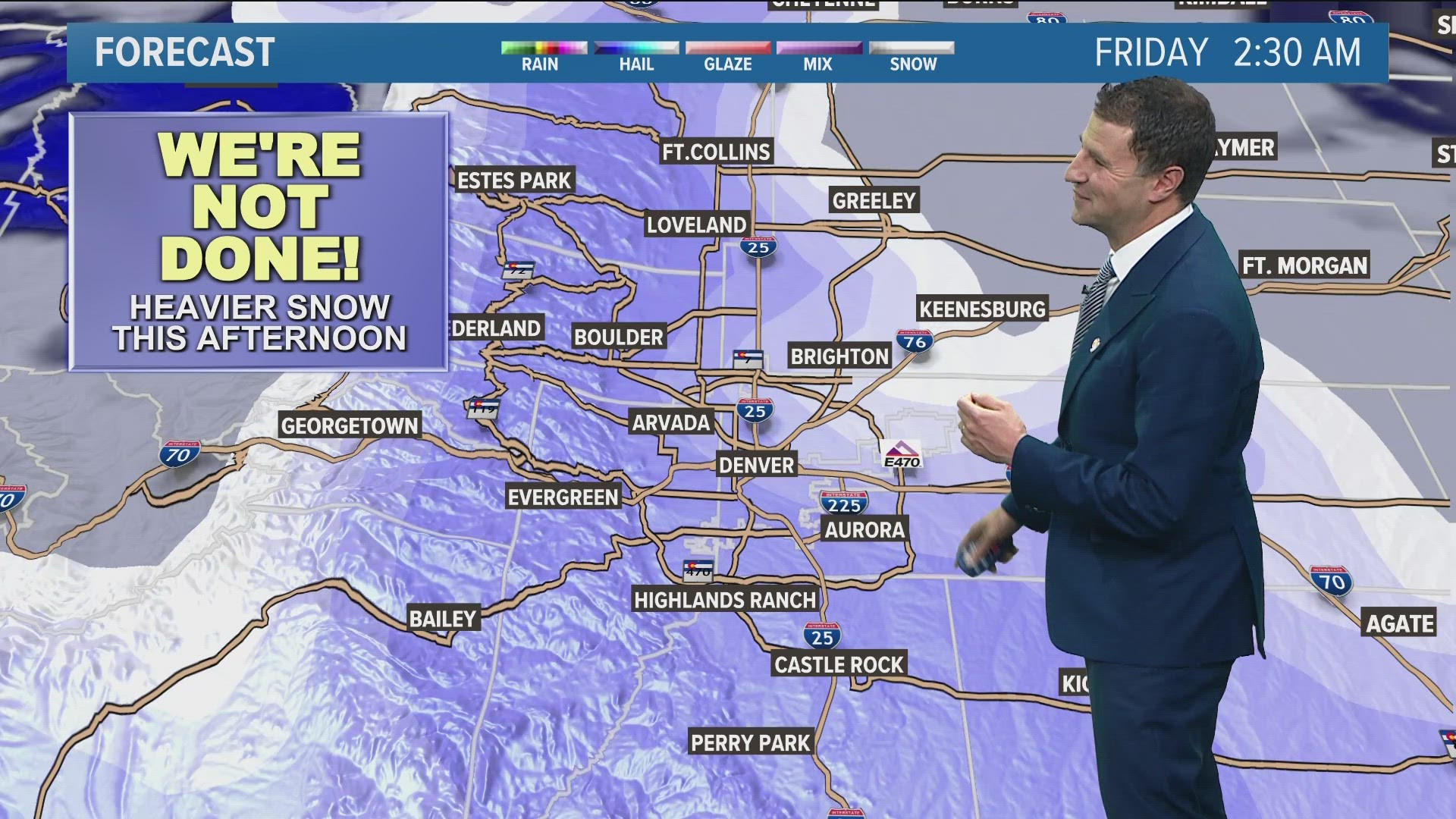 After a brief lull, heavy snow is expected to pick back up Thursday afternoon around Colorado.