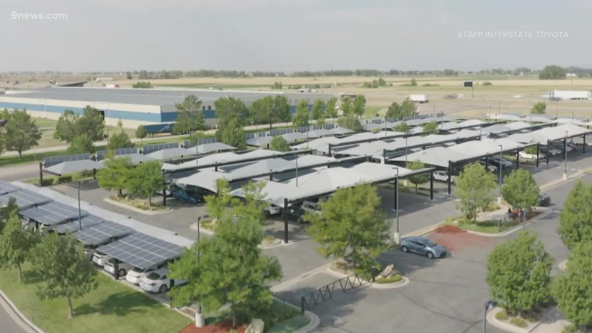 The dealership made changes after several hail storms in recent years damaged cars on the lot. Now their using solar powered car canopies to solve the problem.