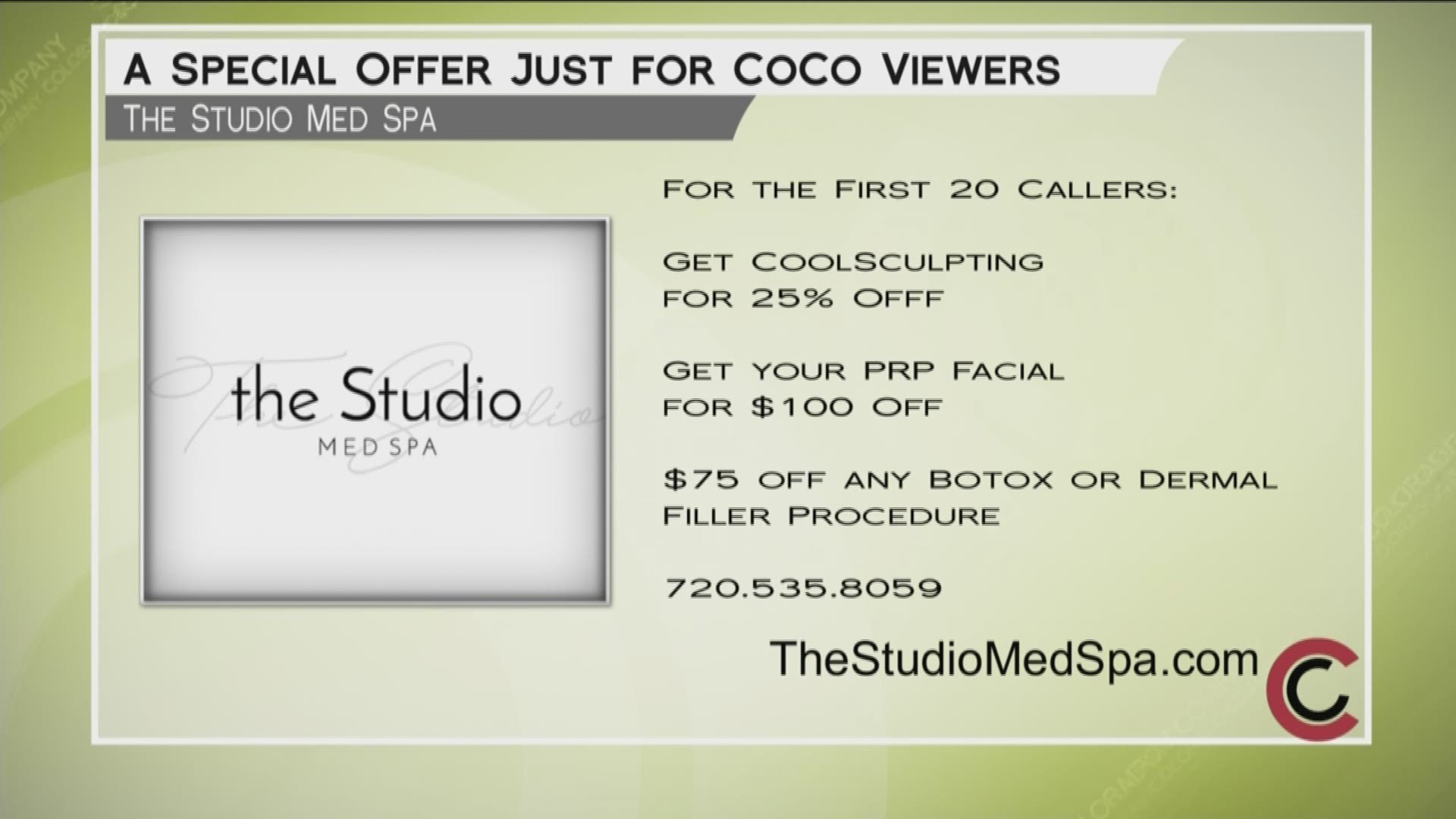 Give The Studio Med Spa a call at 720.535.8059 and find out about today's specials, like 25% off Coolsculpting! Learn more at TheStudioMedSpa.com.