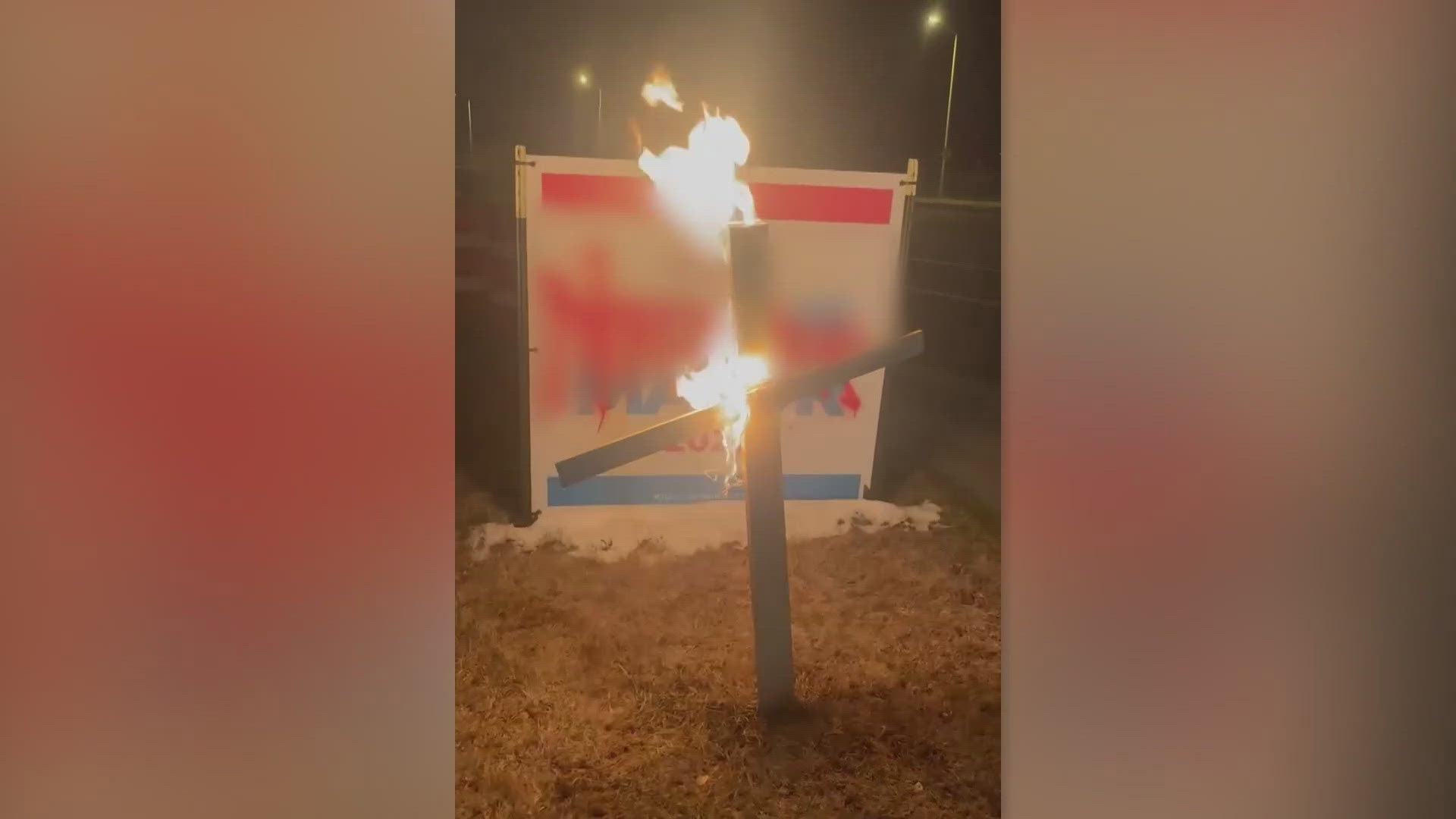 In April 2023, the three allegedly spray painted a campaign sign with a racial slur and burned a wooden cross in front of it, prosecutors said.