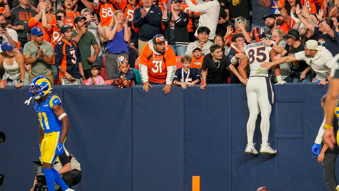 Denver Broncos tight end Albert Okwuegbunam runs against the Los Angeles  Rams during the first half of an NFL preseason football game Saturday, Aug.  26, 2023, in Denver. (AP Photo/Jack Dempsey Stock