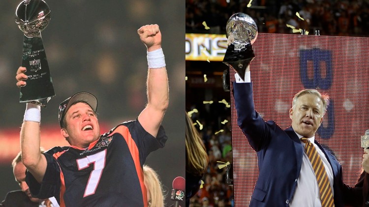 Photo: Broncos Elway holds Lombardi trophy with QB Manning in