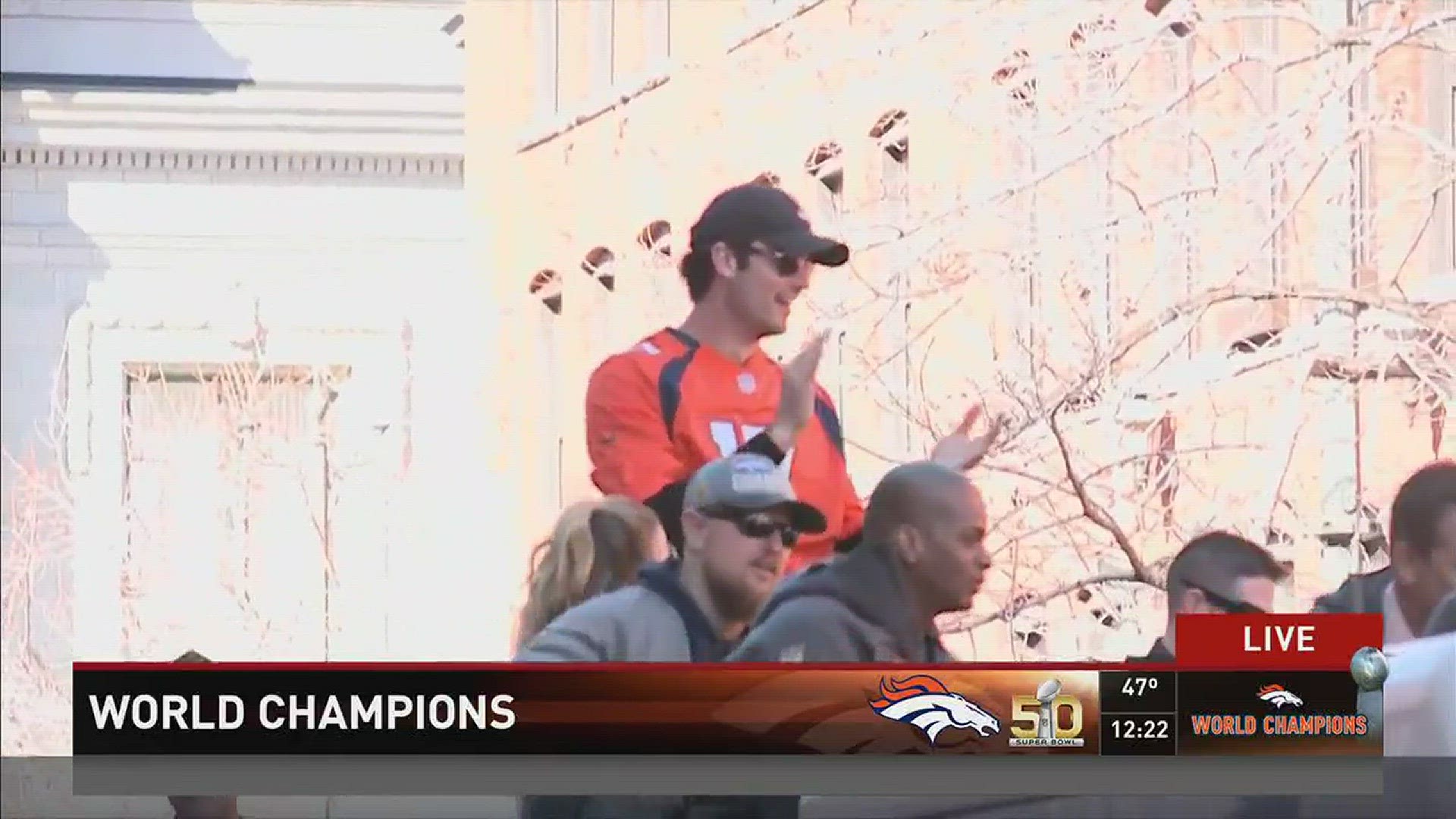 The parade celebrating the Denver Broncos' Super Bowl 50 win starts. Here's Brock Osweiler. 9NEWS at noon. 2/9/2016.