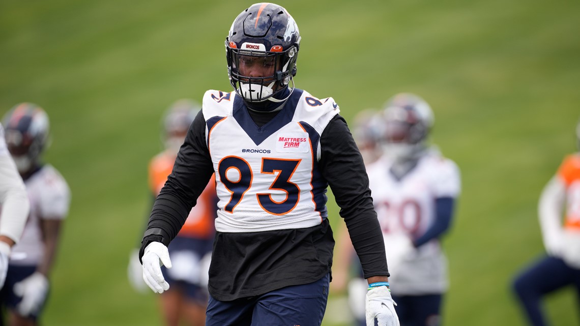 Denver Broncos defensive end Dre'Mont Jones takes part in drills