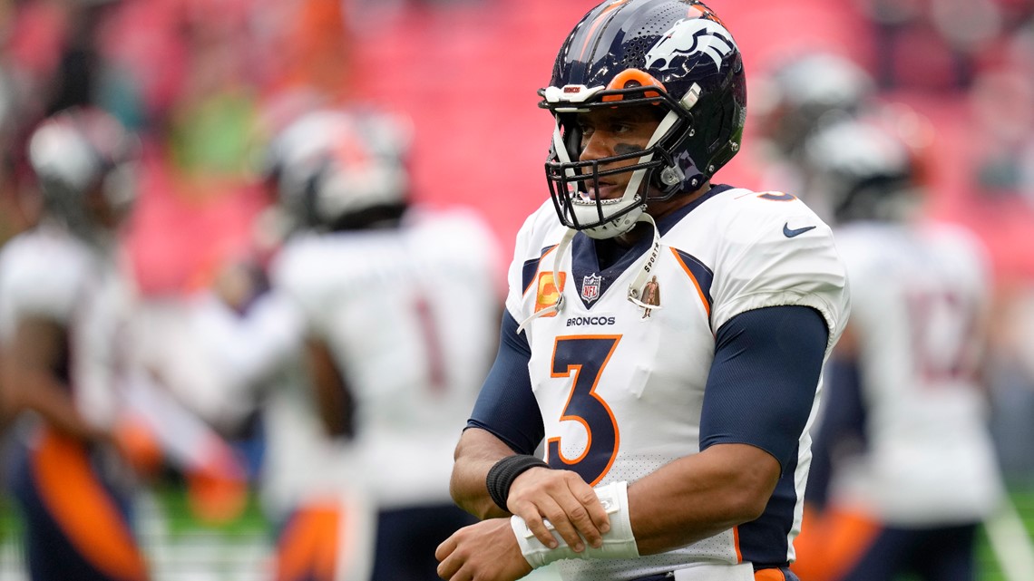 Denver Broncos linebacker Jonathan Kongbo (90) walks off the field after an  NFL football game against the Jacksonville Jaguars at Wembley Stadium in  London, Sunday, Oct. 30, 2022. The Denver Broncos defeated