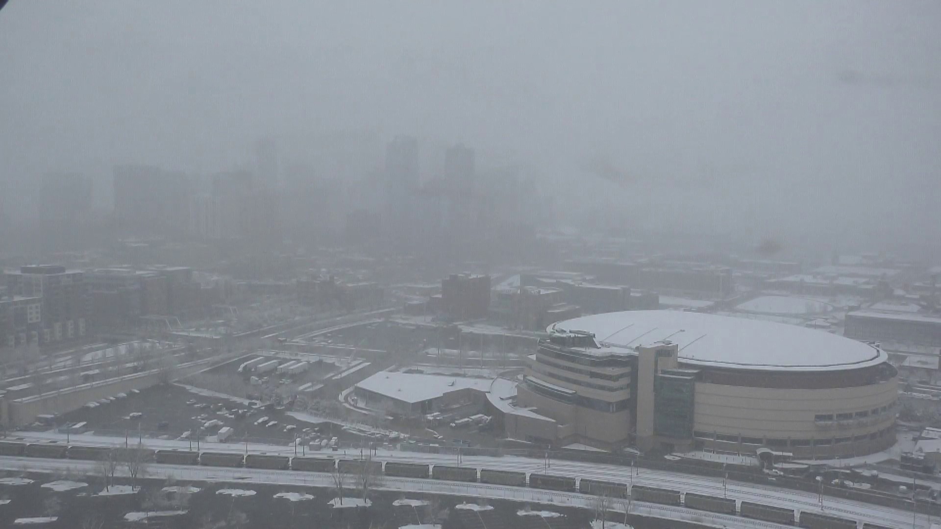 Here's a live look at downtown Denver on Saturday as light to moderate snow is expected to fall throughout the day.