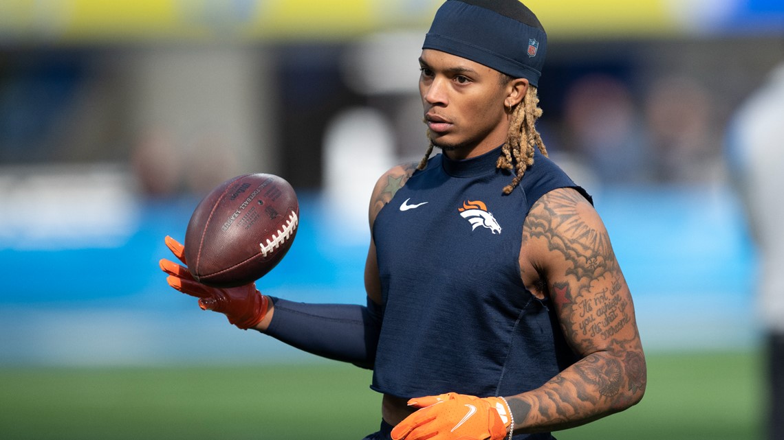 Denver Broncos running back Max Borghi (36) takes part in drills during the  NFL football team's training camp Friday, Aug. 5, 2022, at the Broncos'  headquarters in Centennial, Colo. (AP Photo/David Zalubowski