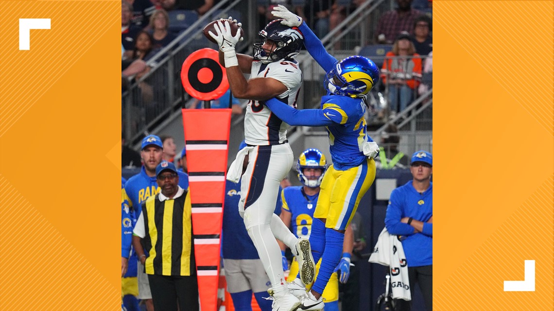 Denver Broncos wide receiver Josh Hammond (37) celebrates a touchdown  against the Los Angeles Rams with quarterback Ben DiNucci (6) during a  preseason NFL football game Saturday, Aug. 26, 2023, in Denver. (