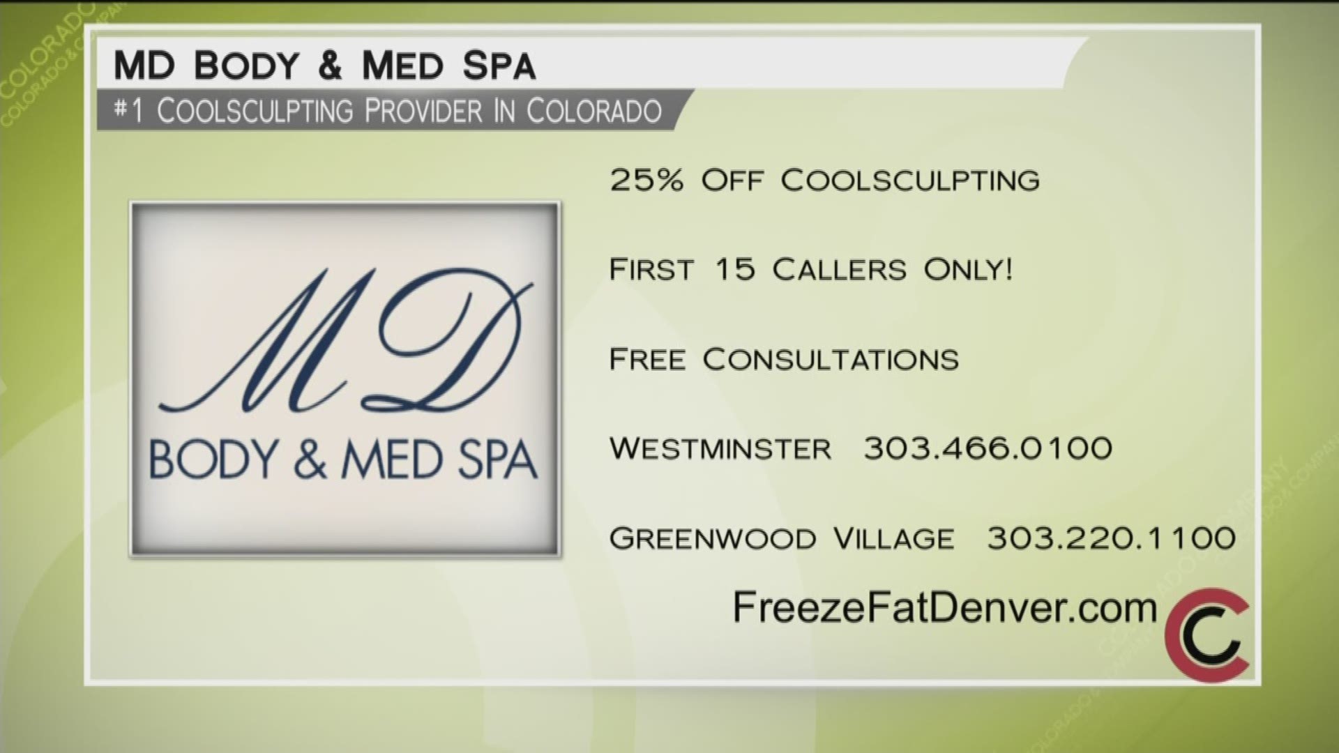 Call 303-466-0100 or 303-220-1100 now and receive 25% off any Coolsculpting package and a "free" consultation. Get more at FreezeFatDenver.com.