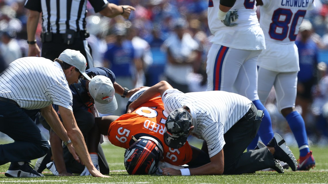 Buffalo Bills' Duke Johnson, left, celebrates after scoring a touchdown  during the second half of a preseason NFL football game against the Denver  Broncos, Saturday, Aug. 20, 2022, in Orchard Park, N.Y. (