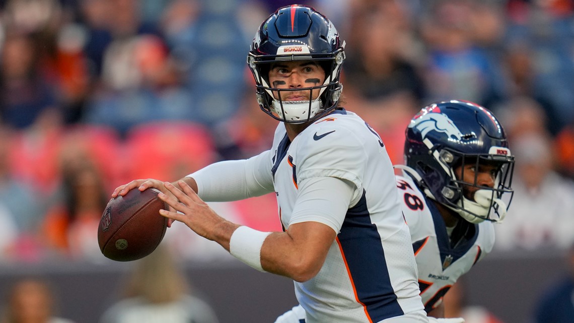 Denver Broncos wide receiver Josh Hammond (37) celebrates a touchdown  against the Los Angeles Rams with quarterback Ben DiNucci (6) during a  preseason NFL football game Saturday, Aug. 26, 2023, in Denver. (