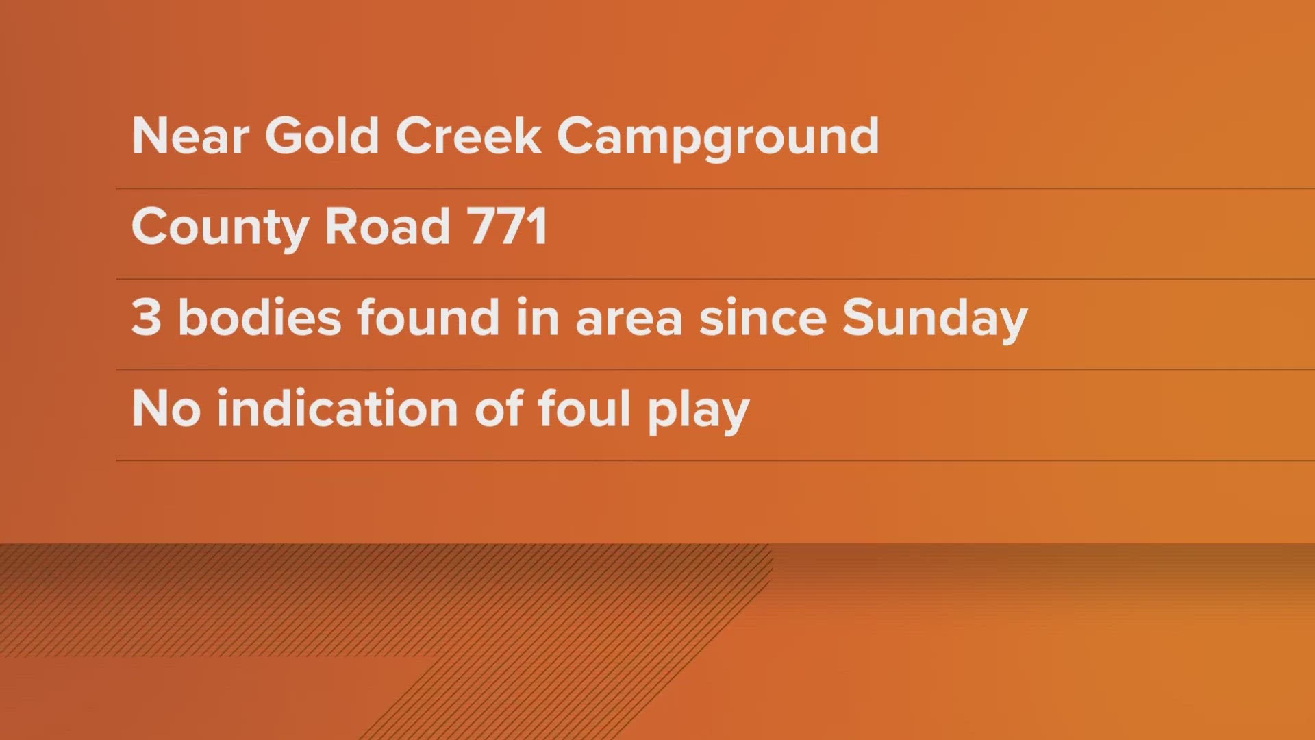 One body was found by a hiker near the Gold Creek Campground Sunday evening, and two more were found by investigators the next morning.