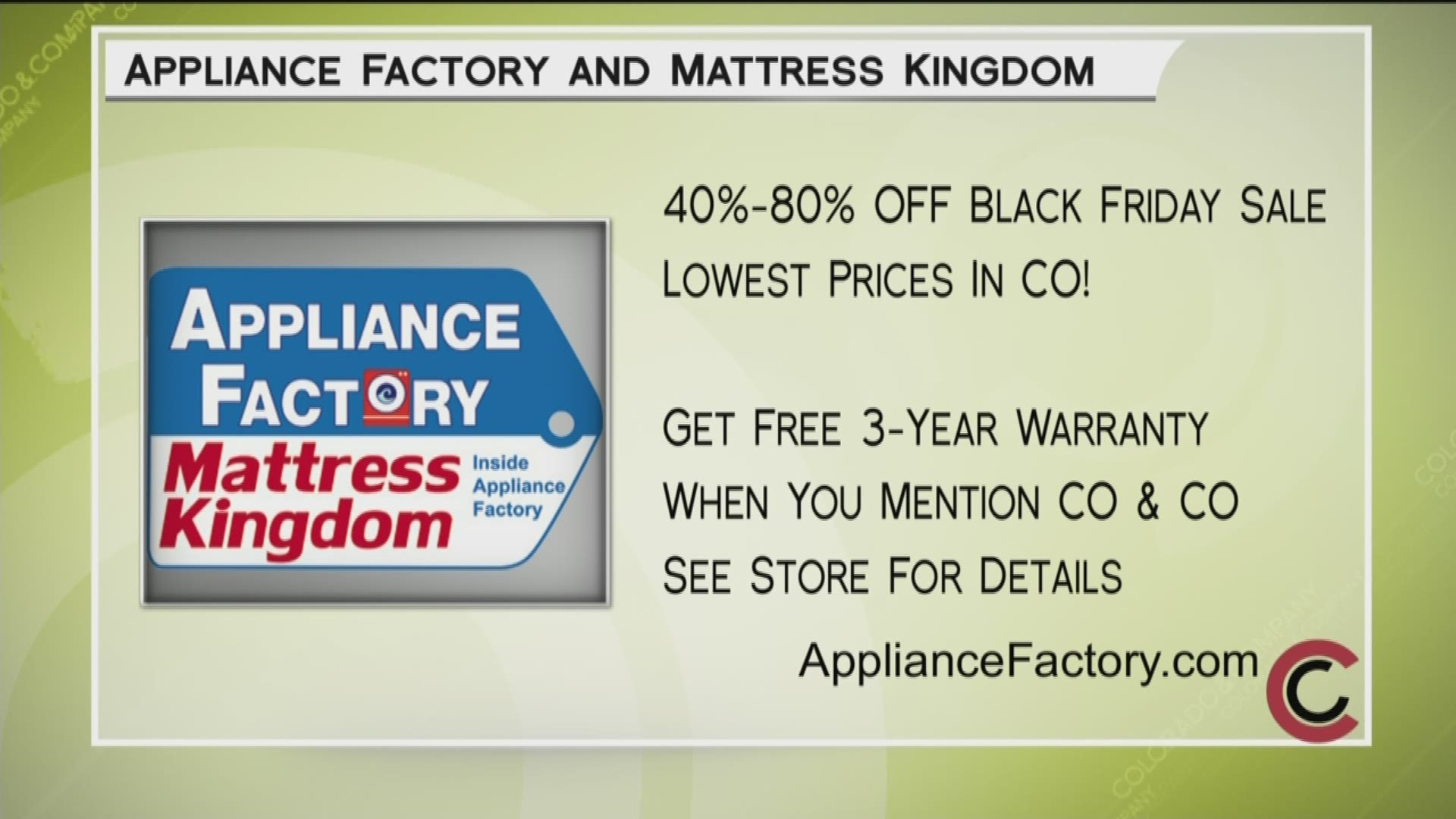 Take advantage of Appliance Factory’s unbeatable 40-80% off sale! There are 23 locations across the state. Find one near you at www.ApplianceFactory.com.