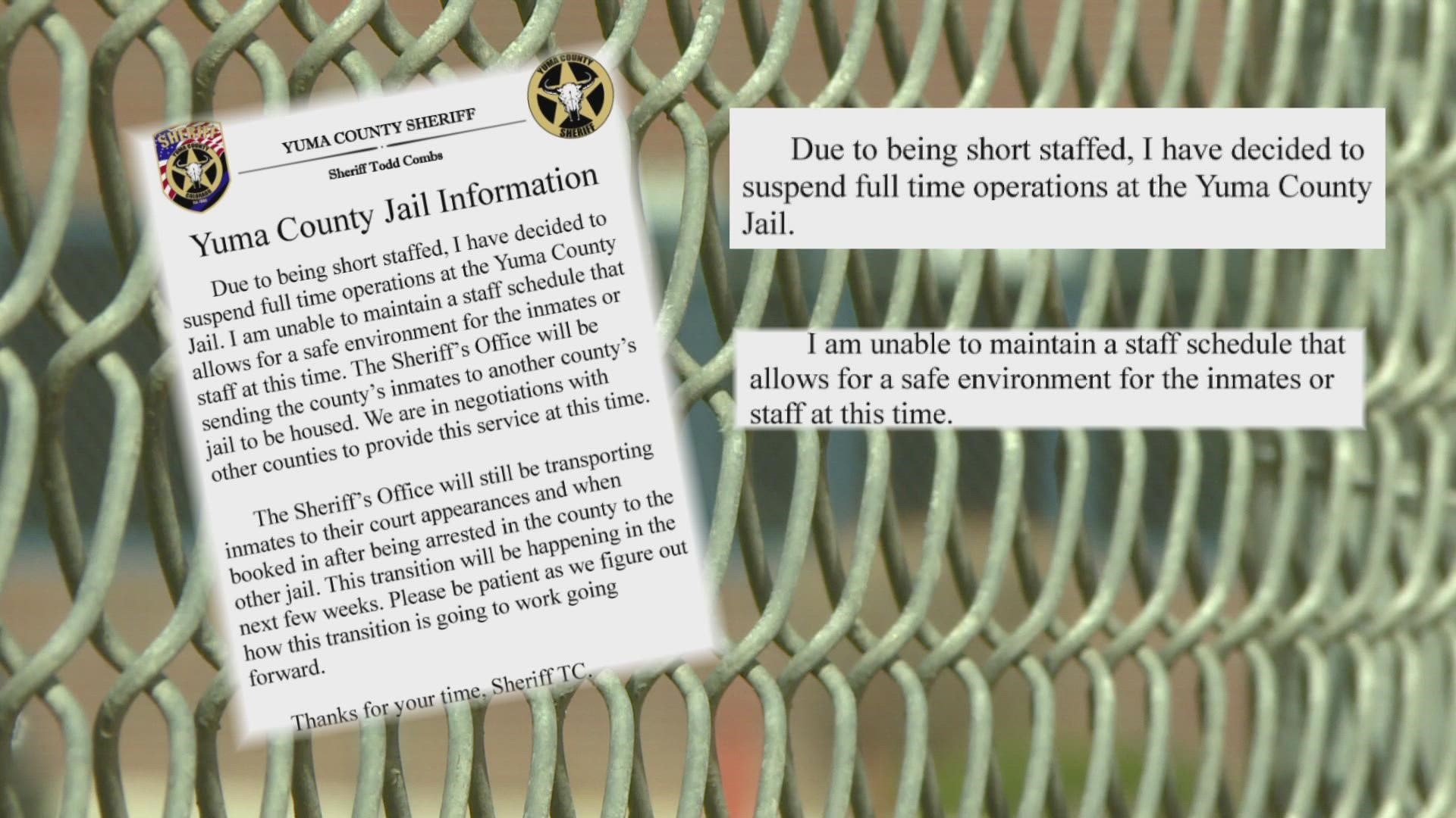 In a Facebook post, Sheriff Todd Combs said that he's unable to maintain a staff schedule that allows for a safe environment for the current inmates and staff.