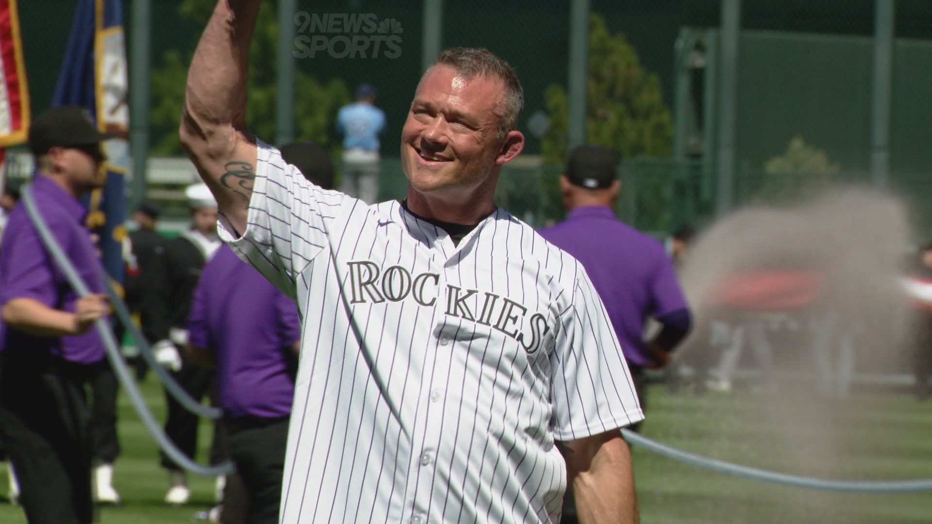 The Rockies honored officer Justin Dodge who lost his leg in an accident at last summer's Denver Nuggets championship parade.