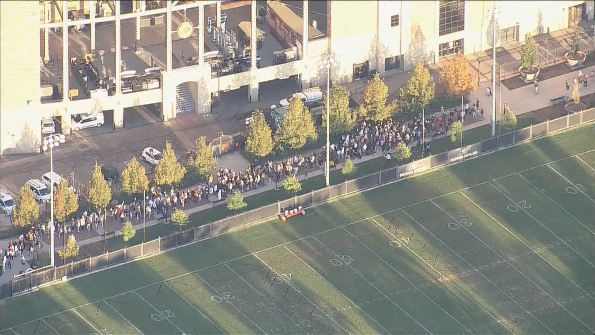 CU students line up outside the CU Athletic Ticket Office on Wednesday, Sept. 13, 2023, in Boulder, Colo.