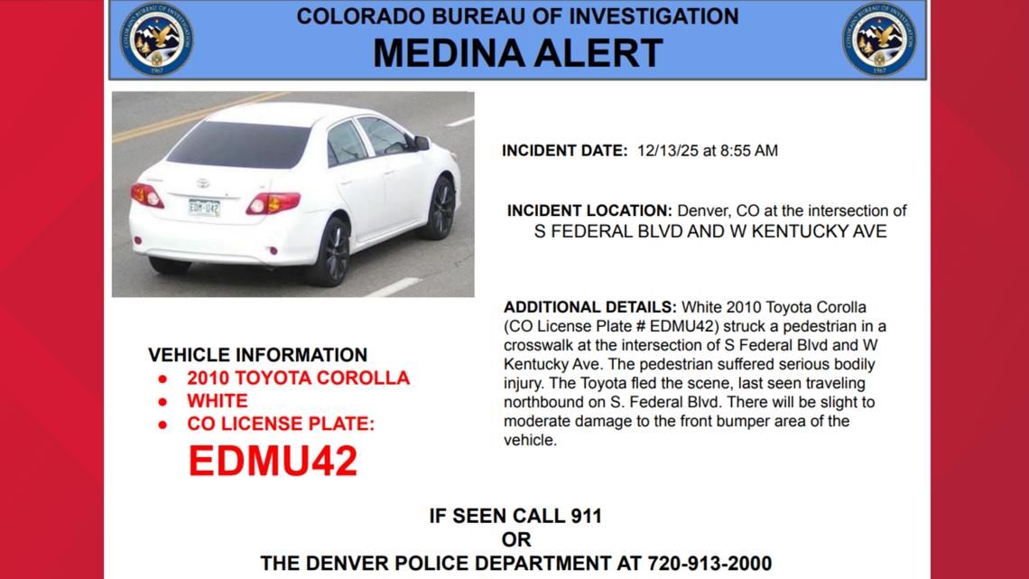Medina Alert issued for suspect vehicle in Denver hit-and-run that seriously injured pedestrian