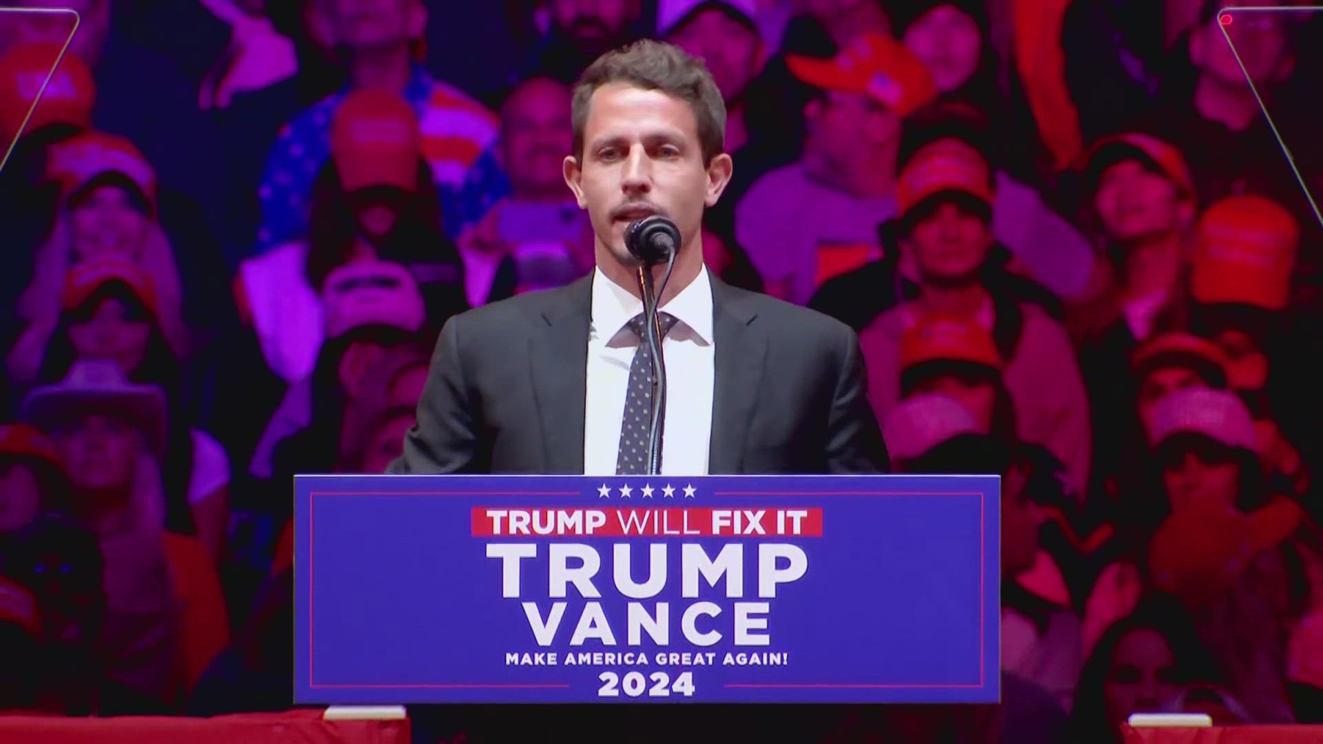 The rally began with Tony Hinchcliffe, comedian and podcast host, making a series of crude jokes about the conflict in the middle east, Black voters and Latinos.