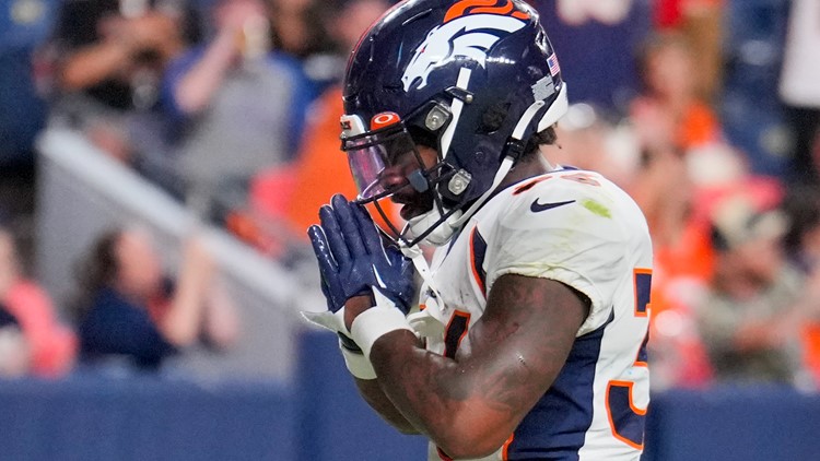 Denver Broncos wide receiver Josh Hammond (37) celebrates a touchdown  against the Los Angeles Rams with quarterback Ben DiNucci (6) during a  preseason NFL football game Saturday, Aug. 26, 2023, in Denver. (