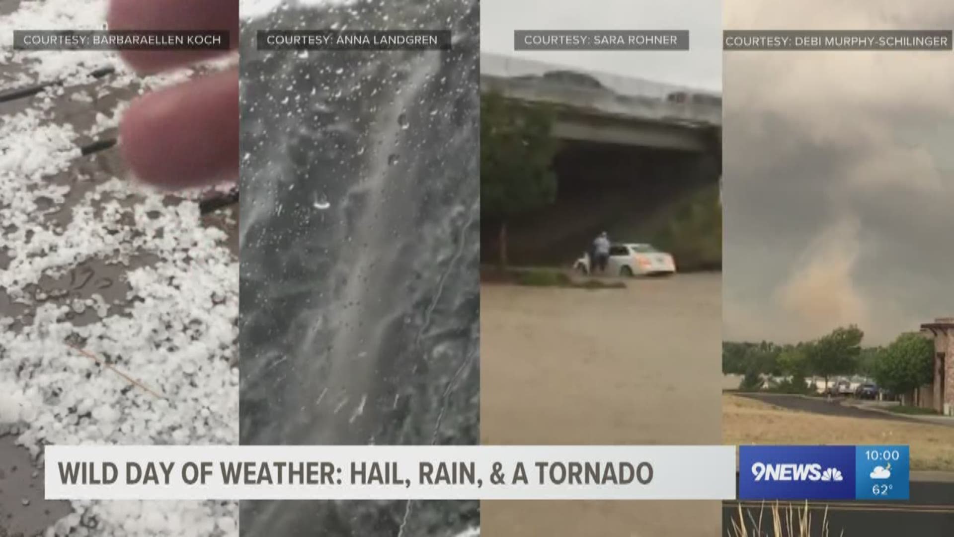 Severe storms moved through the Denver metro area Friday afternoon, causing roads to flood, hail to pile up and a brief tornado to form near Highlands Ranch.