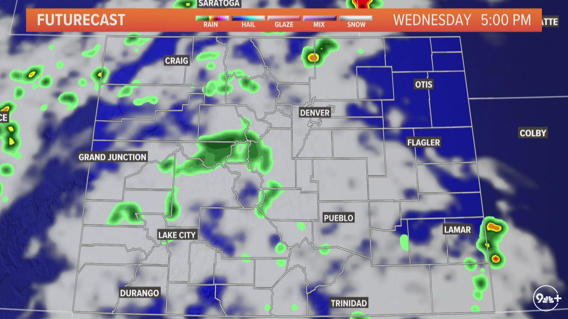 Watch for scattered showers to push into the high country during the early afternoon hours, before becoming isolated thundershowers across the Front Range.