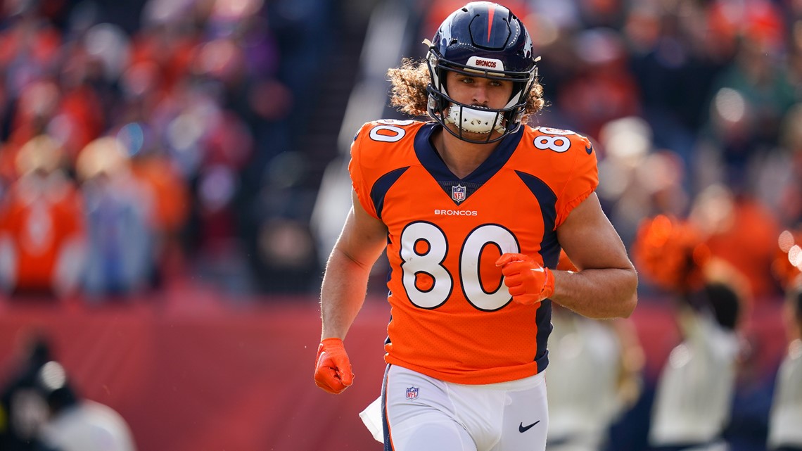 Denver Broncos tight end Greg Dulcich (80) makes a catch during the second  half of an NFL football game against the Denver Broncos Sunday, Dec. 11,  2022, in Denver. (AP Photo/David Zalubowski