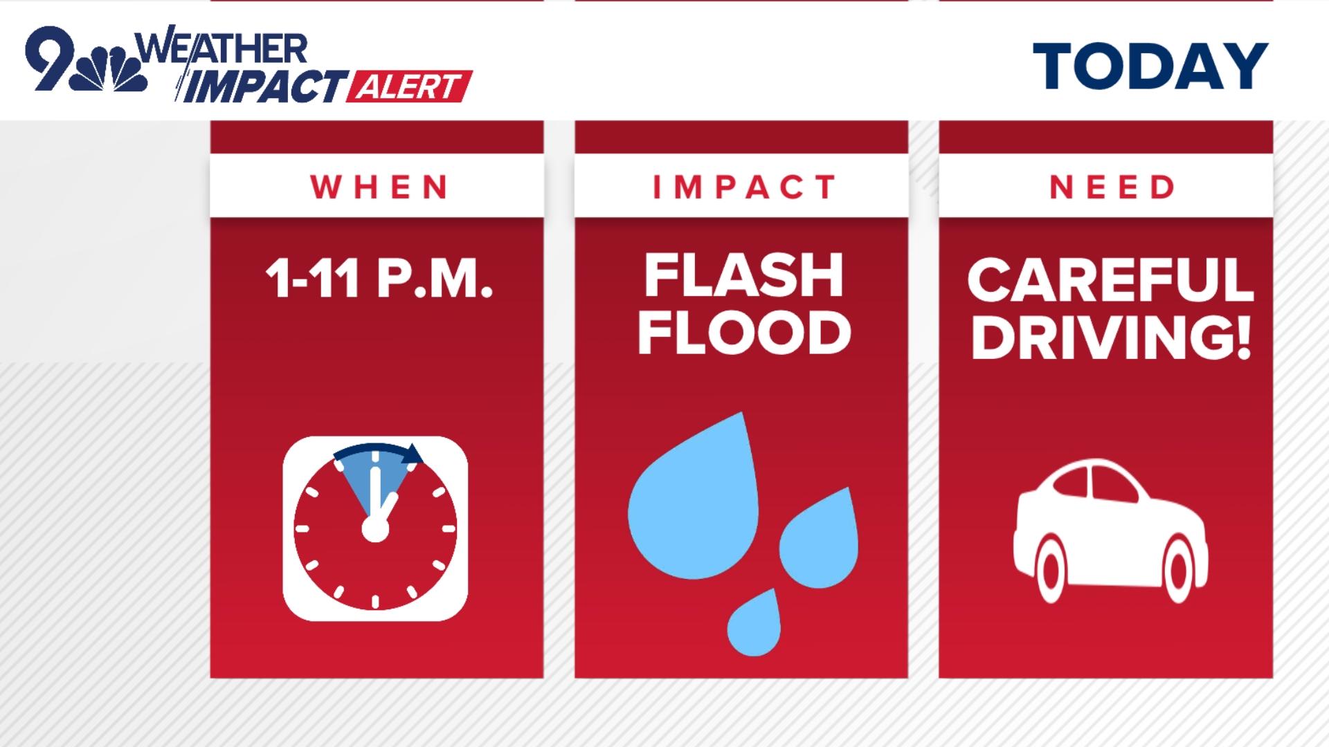 The 9NEWS Weather Impact Team has issued a Weather Impact Alert for Wednesday from 1 p.m. to 11 p.m. for the threat of heavy rainfall and localized flooding.