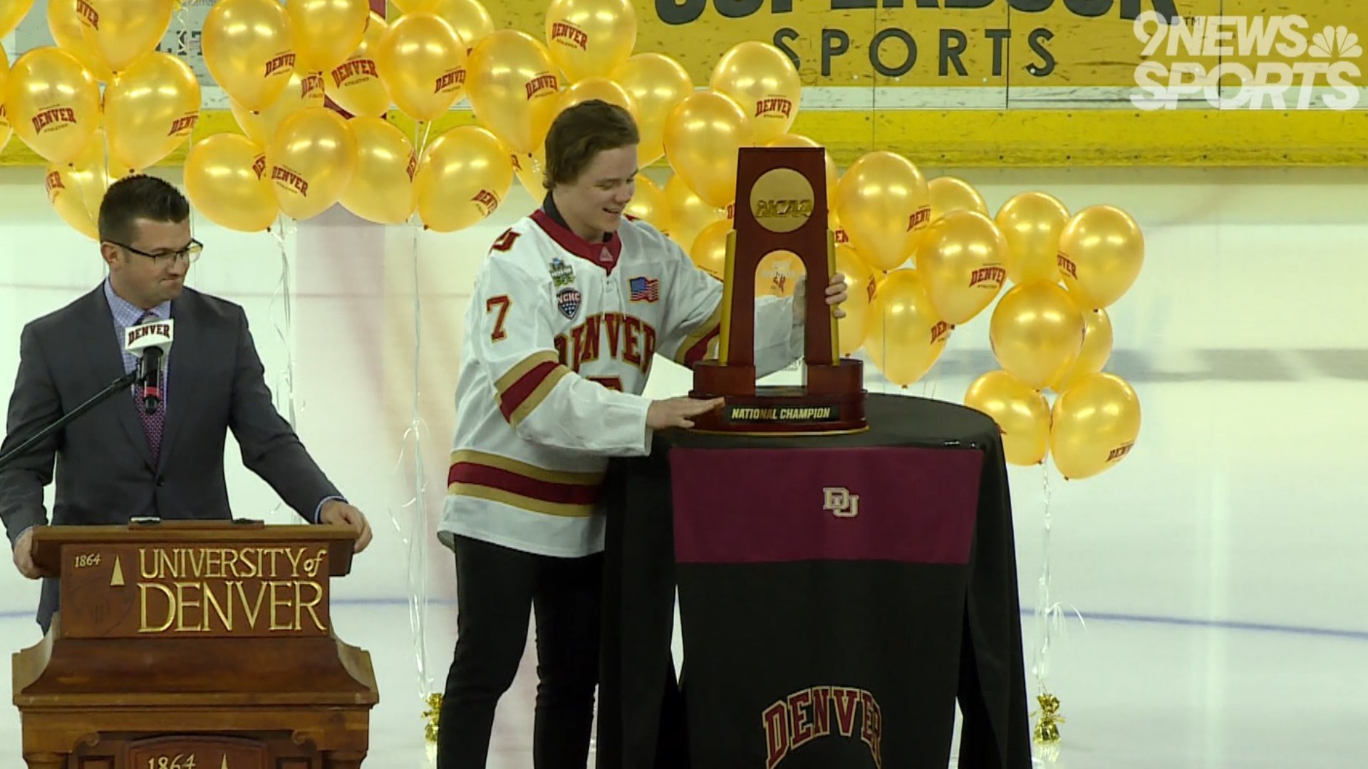 Fans packed Magness Arena on Tuesday night to celebrate the Pioneers' ninth national championship in program history.
