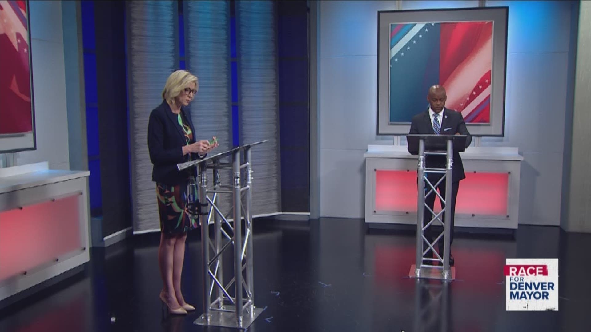 Denver mayoral candidates Michael Hancock and Jamie Giellis discuss bedgeting for school safety resources during a 9NEWS mayoral debate ahead of the June 4 runoff election.