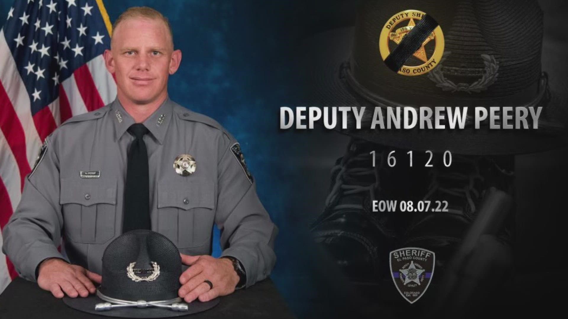 Deputy Andrew Peery was killed in the shooting south of Colorado Springs. The sheriff's office is searching for a suspect.