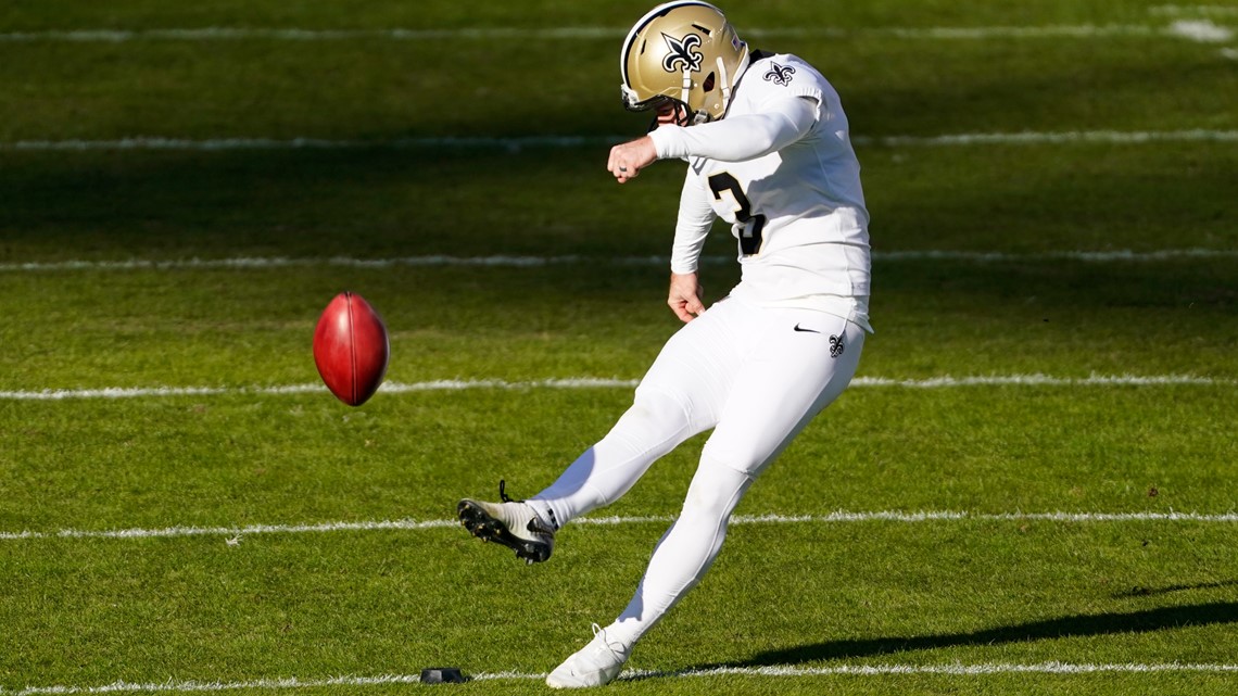 New Orleans Saints place kicker Blake Grupe (19) kicks a field