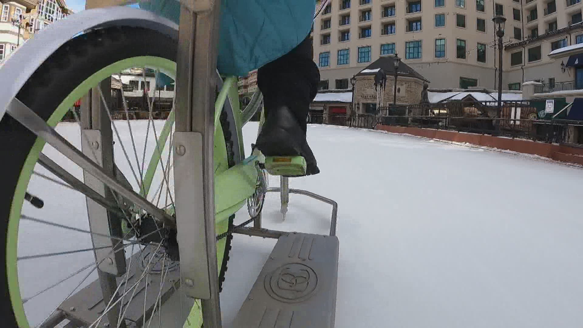 At the Beaver Creek Ice Rink, you now can rent bikes that glide on ice.