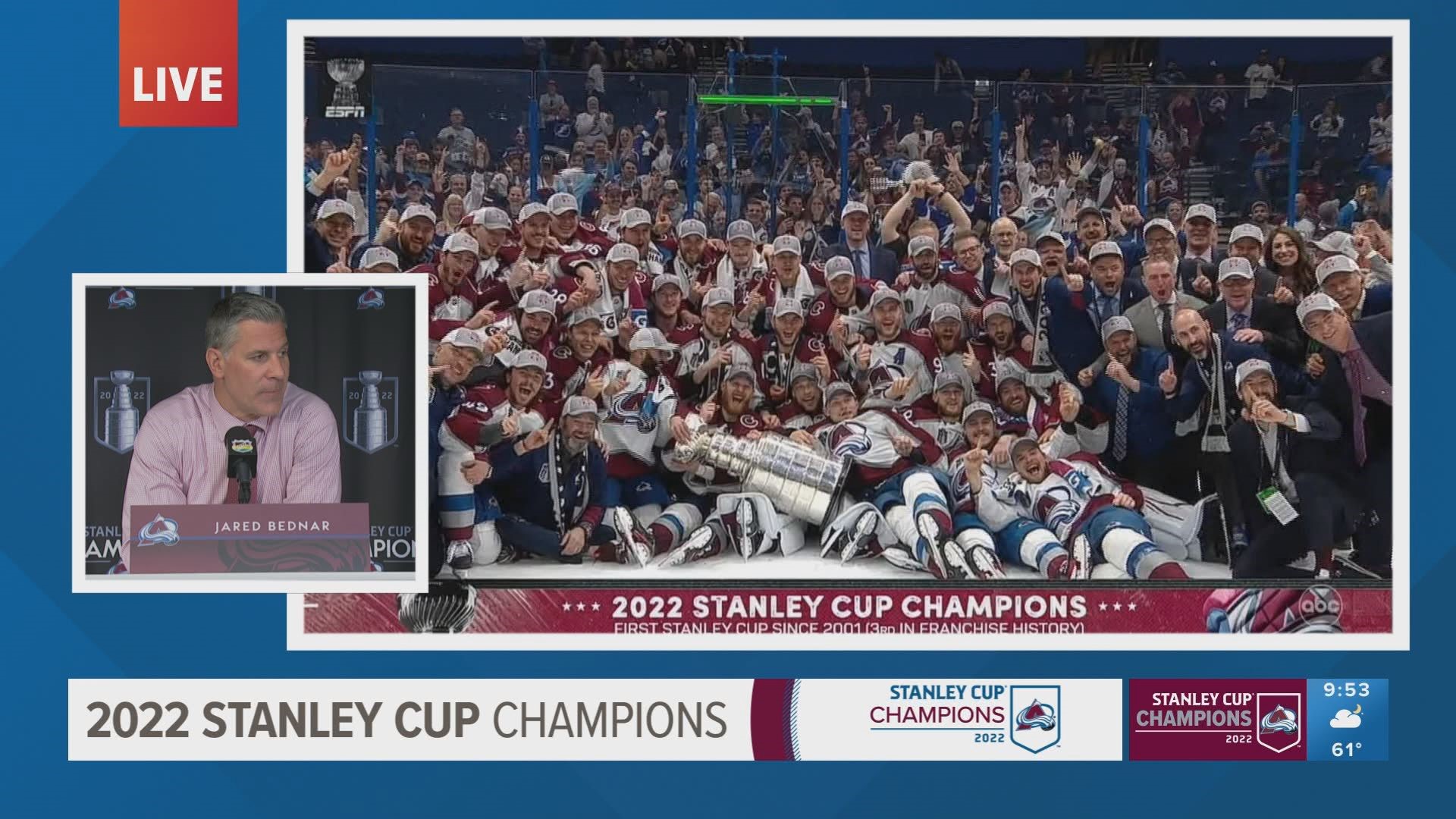 Head coach Jared Bednar and general manager Joe Sakic react to the Avalanche Stanley Cup victory.