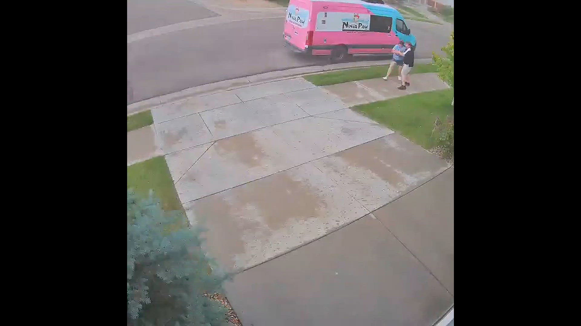 Trying to get our dog and groomer out of the van as sirens went off Trampoline flew out almost hitting the van
Credit: Michelle