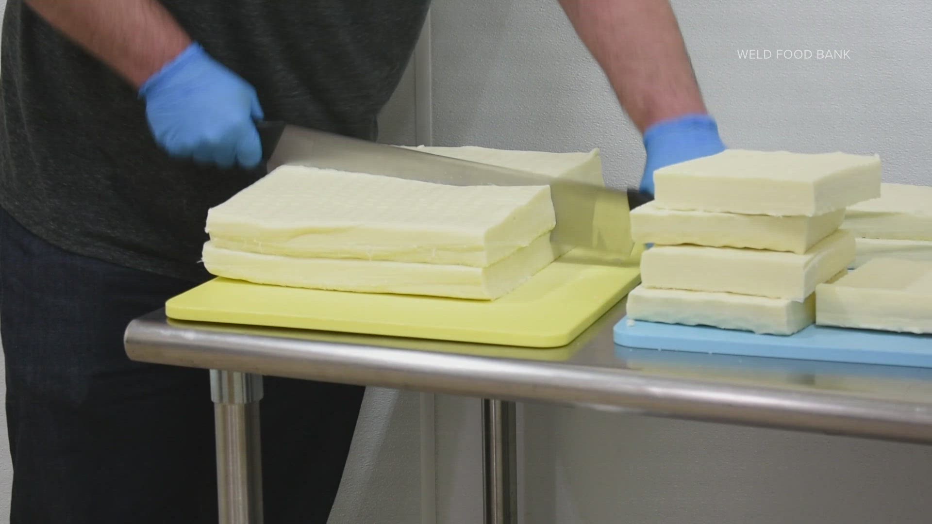 Leprino makes large blocks of mozzarella cheese, and donates about 1,000 pounds to Weld Food Bank each week.