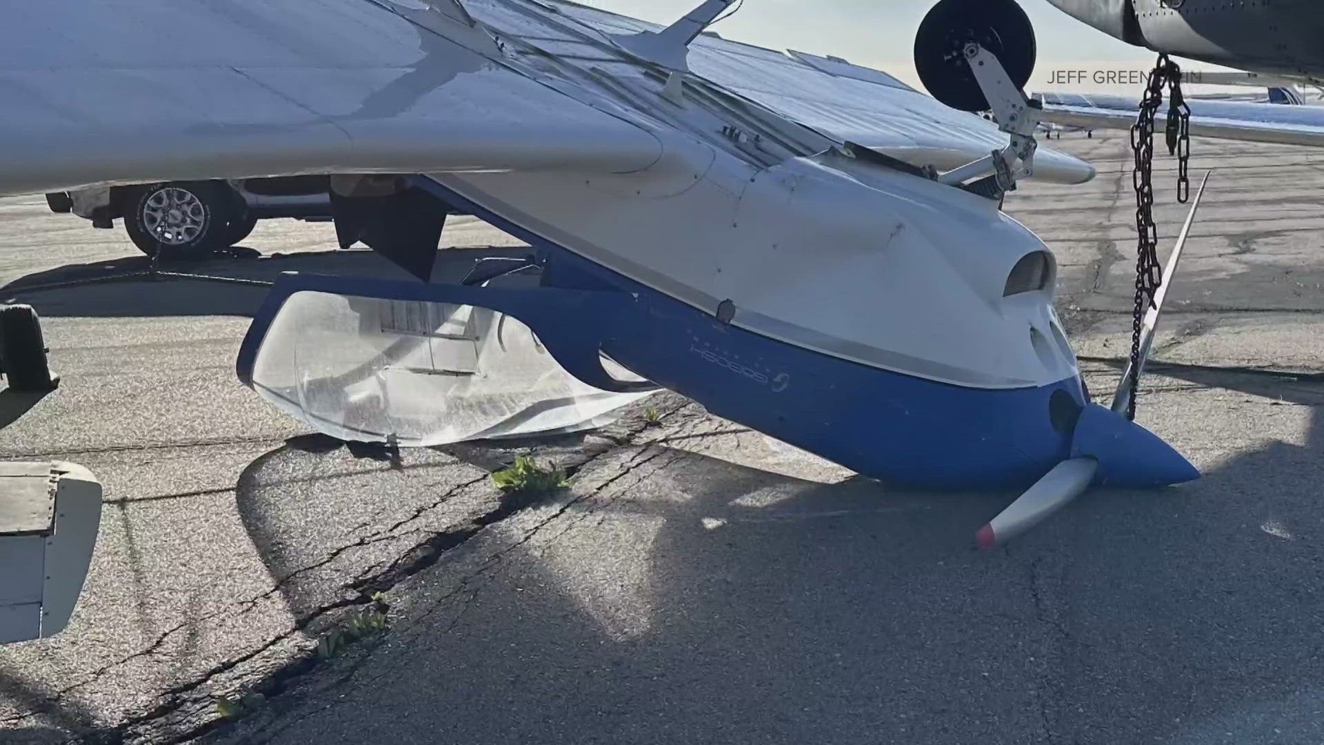 The wind overturned a single-engine, fixed-wing AT-4 onto another plane parked at Centennial Airport Monday morning.
