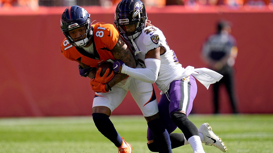 Denver Broncos outside linebacker Von Miller (58) sacks Baltimore Ravens  quarterback Lamar Jackson (8) during the first half of an NFL football  game, Sunday, Oct. 3, 2021, in Denver. (AP Photo/David Zalubowski