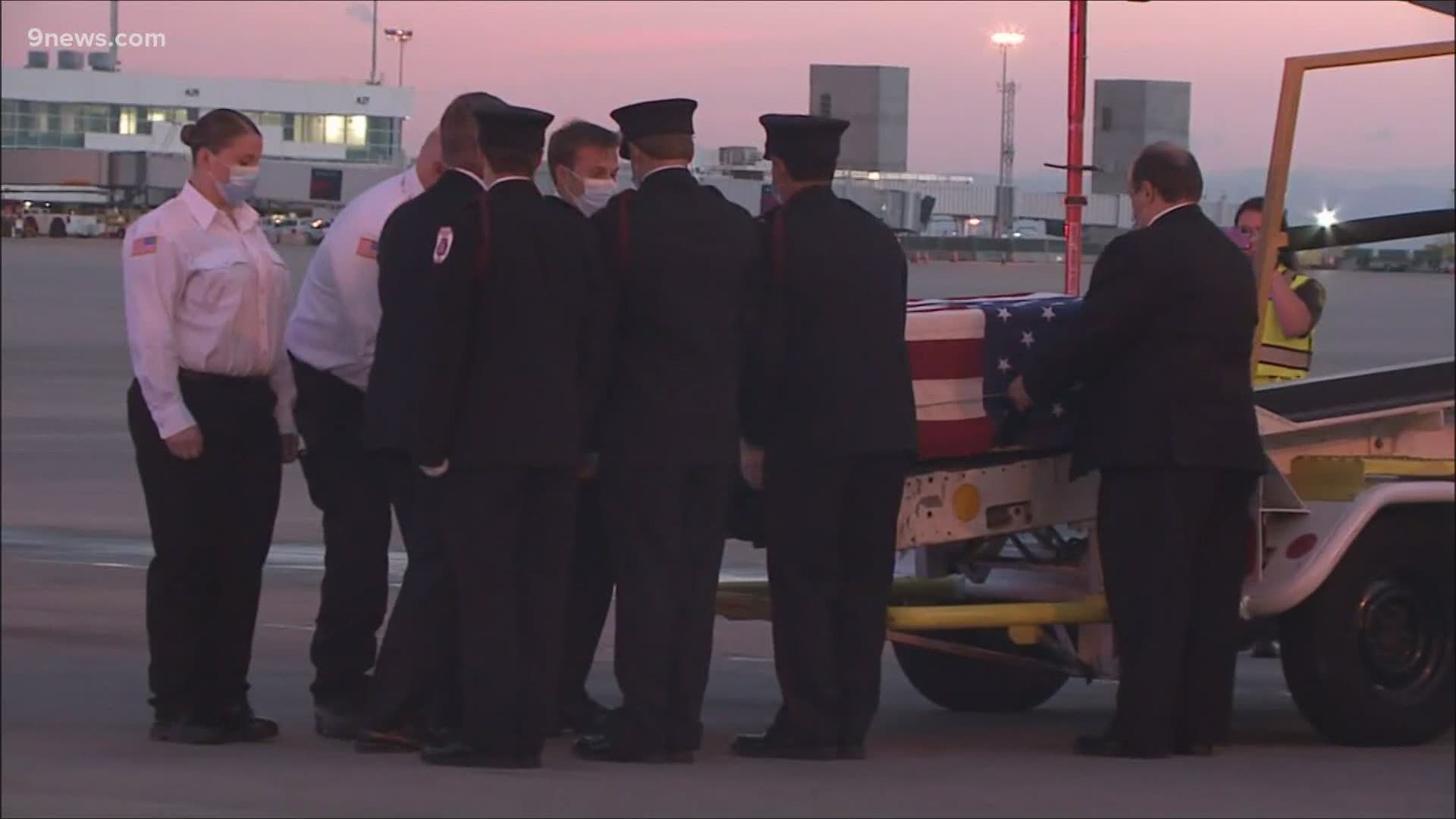 First responders honored Paul Cary, a former Aurora paramedic and firefighter, on Sunday night in a procession from DIA to a Denver funeral home.