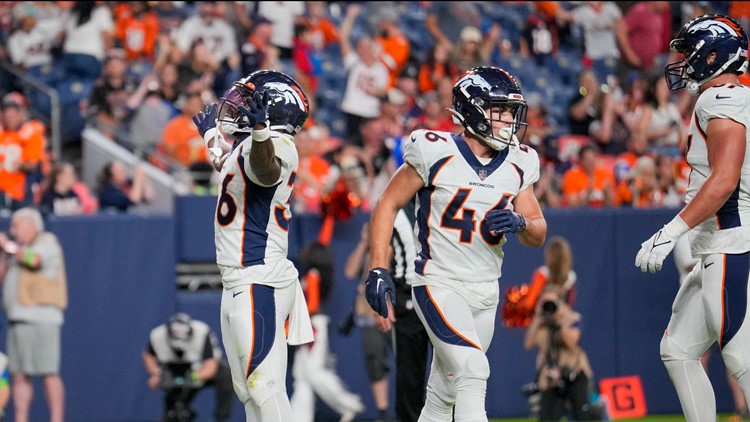 Denver Broncos wide receiver Josh Hammond (37) celebrates a touchdown  against the Los Angeles Rams with quarterback Ben DiNucci (6) during a  preseason NFL football game Saturday, Aug. 26, 2023, in Denver. (