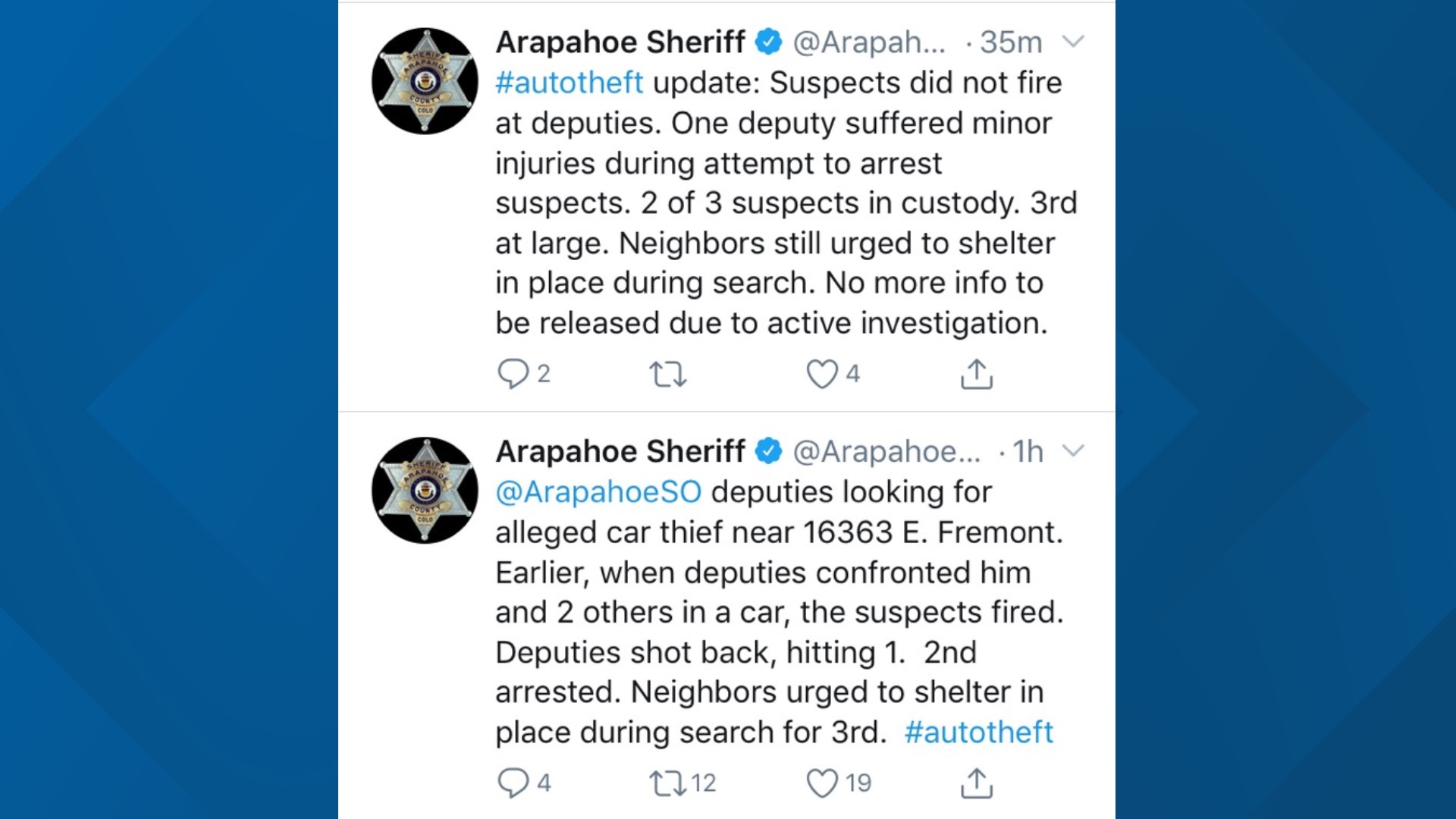Car theft suspect shot in Arapahoe County, 3 others arrested | 9news.com