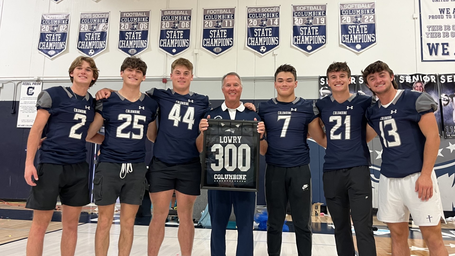 Columbine head coach Andy Lowry celebrates career win no. 300 at Columbine in year 30 with the program