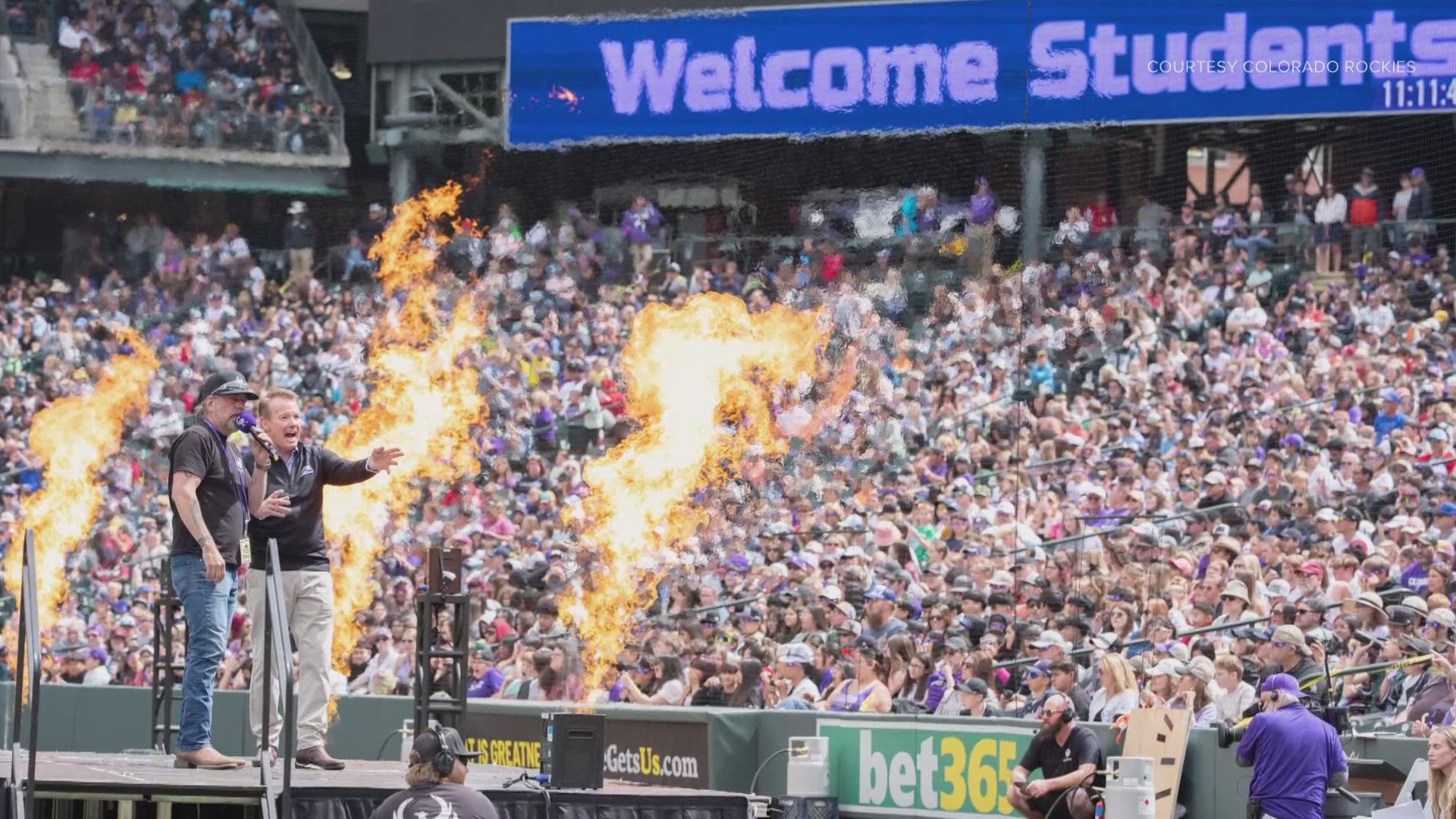 9NEWS' Steve Spangler had quote a pyro show for students at the Colorado Rockies game on Wednesday.