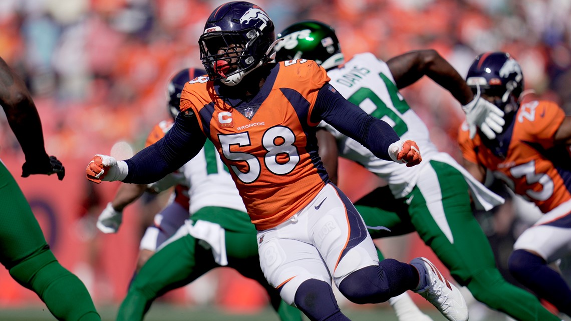 Denver Broncos linebacker Von Miller (58) and linebacker Alexander Johnson  (45) follow a play during the first half of an NFL football game against  the Jacksonville Jaguars, Sunday, Sept. 19, 2021, in