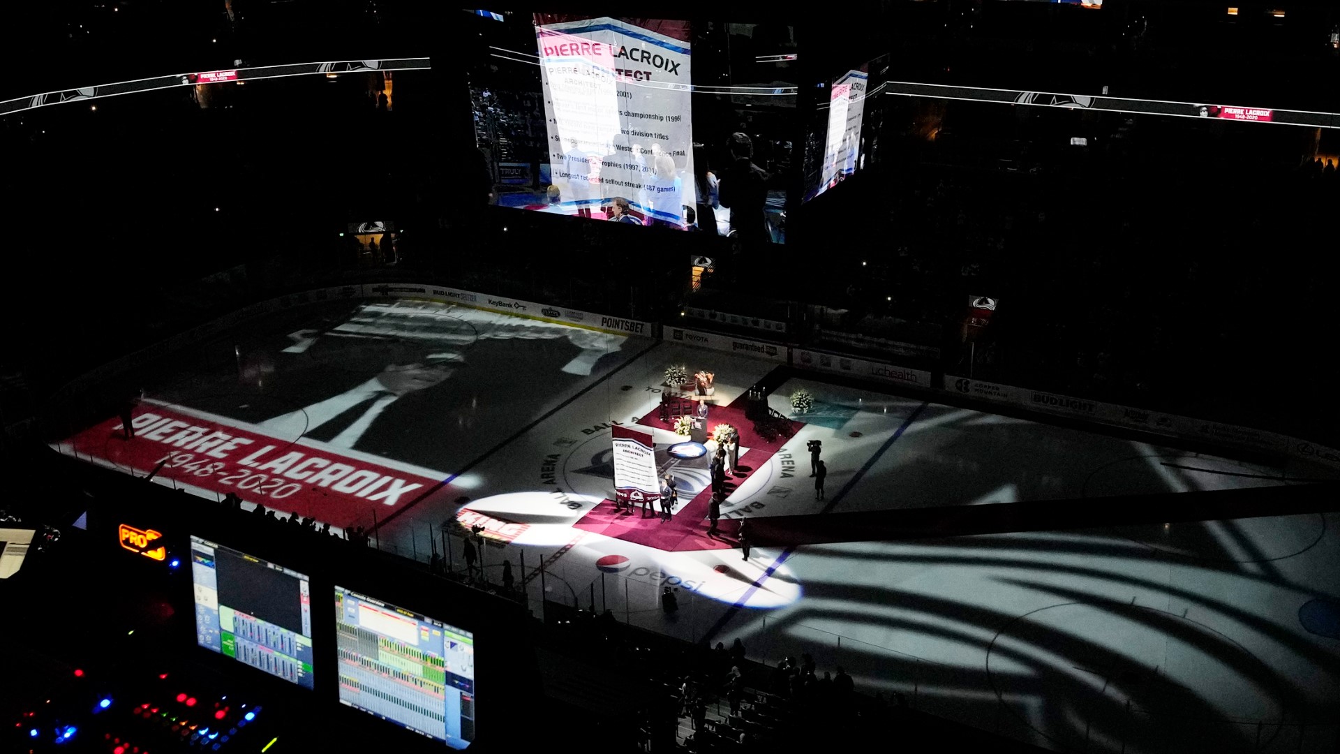A banner was hung in Ball Arena for former Colorado Avalanche president/general manager Pierre Lacroix.