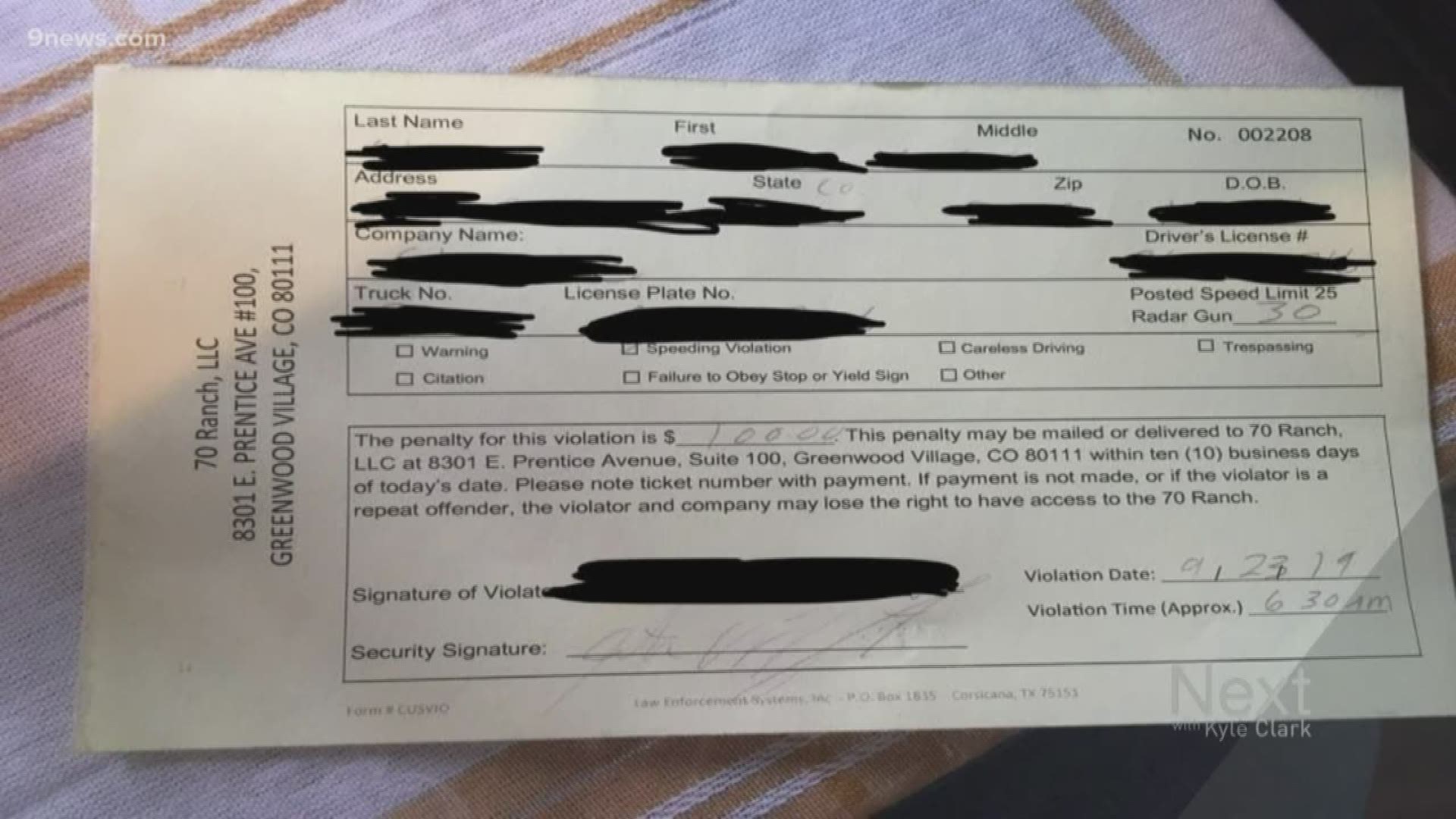 A Reddit user posted an image of a speeding ticket issued by a ranch near Greeley. Is it legitimate, and will it be enforced?