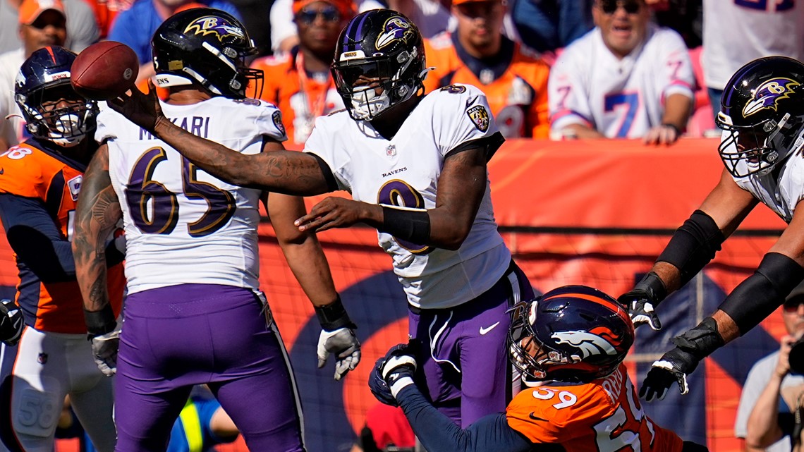 Denver Broncos outside linebacker Von Miller (58) sacks Baltimore Ravens  quarterback Lamar Jackson (8) during the first half of an NFL football  game, Sunday, Oct. 3, 2021, in Denver. (AP Photo/David Zalubowski