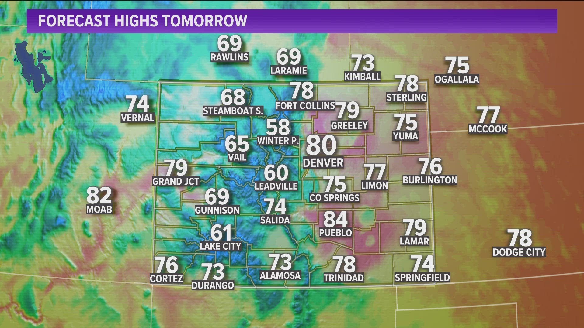 Another chance of storms for the Front Range and eastern plains on Saturday. Highs will be around 80.