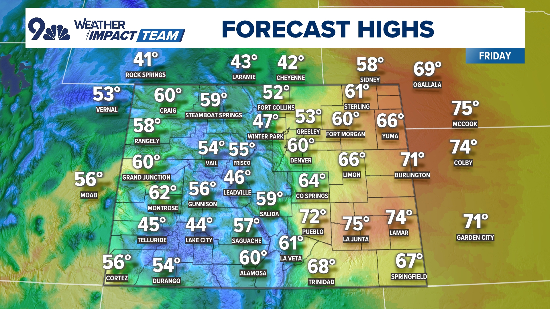 Highs drop into the mid-50s Friday afternoon, with late-day shower chances.